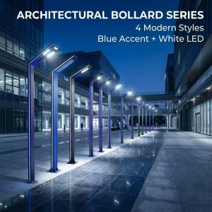 Factory Direct Architectural LED Bollard Series 4 Modern Styles Blue Accent Strip White Downlight IP65 Outdoor Plaza Path Lamp