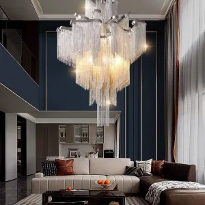 Factory Direct Modern Minimalist Tassel Chandelier 3-Color Dimmable Aluminum Chain Pendant Light for Duplex Villa Hote