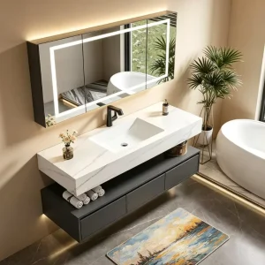 Factory Direct Wall mounted Sintered Stone Vanity with LED Anti fog Mirror and Waterproof Storage Cabinet OEM ODM