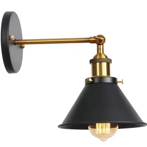Factory Industrial Adjustable Swing Arm Wall Sconce Retro Black Gold Metal Conical Shade Indoor Wall Lamp for Bedroom