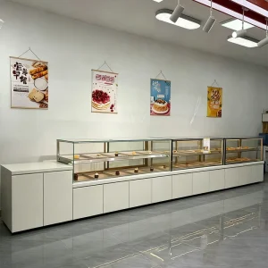 Factory-made Minimalist White Linear Bakery Display Cabinet with a Robust Eco-friendly Design and Customisable Worktop