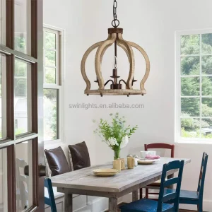 Farmhouse Crown Wooden 3 lights Antique Chandelier Vintage Wood Pendant Light