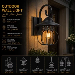 Farmhouse Outdoor Wall Lantern with Decorative Ring Frame for Villa Porch Lighting