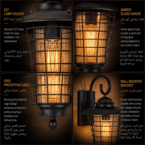 Farmhouse Outdoor Wall Lantern with Tapered Wire Cage for Porch Lighting