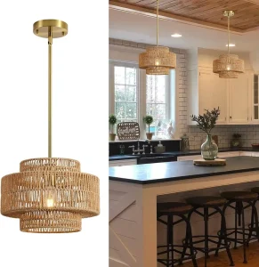 Farmhouse Rope Pendant Light Industrial Chandelier for Living Room Dining Room Entryway Foyer Hallway