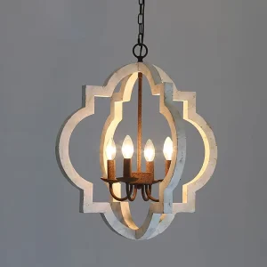 Farmhouse Wood Chandelier 4 Light Distressed White Geometric Lantern Pendant Light for Dining Room Kitchen Island Entryway