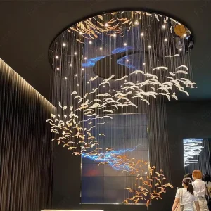 Feather Leaf LED Stair Chandelier Large Art Glass Pendant Light Fixtures for Wedding Banquet Hall