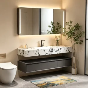 Floating Bathroom Vanity Sintered Stone Seamless Basin Dimmable LED Backlit Mirror Custom Cabinet Color OEM ODM