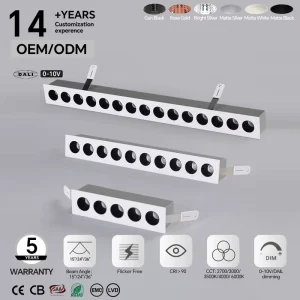 Framed Aluminum Recessed LED Linear Downlight Adjustable Beam Angle 15° 0 10V Dimmable for Villa Indoor Ceiling Grille Lighting