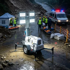Free Shipping CE EPA 14m Telescopic LED Light Tower Industrial Mobile Tower Light Trailer Mounted for Mining Road Works