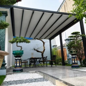 Free Standing Retractable Motorized Aluminum Frame Gazebo Remote Control PVC Roof UV Protection Rain Canopy for Backyard Use