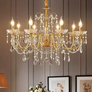 French American Classic Copper Vintage Crystal Chandelier for Restaurant Living Room Hotel Bedroom Hanging Pendant Lights