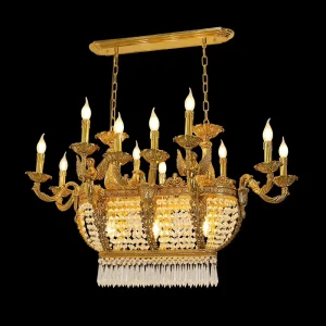 French Gold Rectangular Lighting Low Ceiling Pendant Lamp Dining Room Crystal Classical Chandelier for Dinning Room
