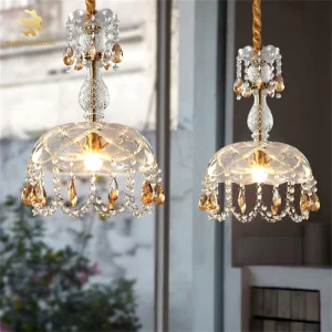 French Luxury Golden Crystal Pendant Bedside Chandelier Postmodern Creative LED Hanging Pendant Light for Hotel Villa