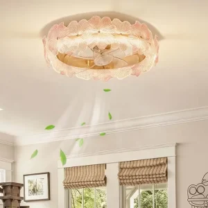French Luxury Pink Glass Ceiling Lamp with Fan, Remote Control for Living Dining Room, Villa, Hotel, Cafe