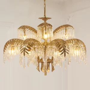 French Palace Decorative Designer Lighting Victorian Luxury Crystal Pendant Lamp Antique Brass Palm Chandelier