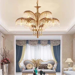 French Palace Decorative Designer Lighting Victorian Luxury Crystal Pendant Lamp Antique Brass Palm Chandelier