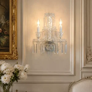 French Style Crystal Candle Wall Sconce Two Bulb Light for Living Room Aisle Villa Hotel Interior Lamp