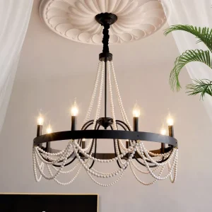 French Vintage American Black Faux Pearl LED Candle Chandelier Middle Romantic Pendant Light for Living Room Restaurant Bar Cafe