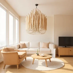 French style Tiered Conical LED Pendant Lamp Wooden Sticks Chandelier E12 Adjustable Height 3000K Warm Light for Living Dining