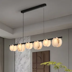 Full Brass Alabaster Linear LED Chandelier Adjustable Height Modern Chinese Style Pendant Light for Dining Room Bar Tea Room