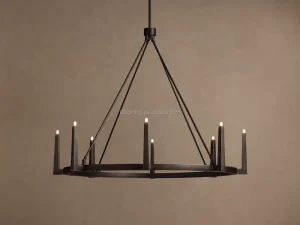 Geometric Multi Vertical Stem Raw Bronze Hammered Iron Circular Frame Chandelier for House Dining Hall