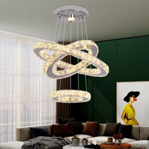 German Warehouse Customize Modern LED Lighting 3 Rings Hanging Crystal Chandelier Pendant Light