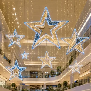 Giant 3D Blue and Warm White LED Star Shape Atrium Decor for Commercial Mall Ceiling Hanging Star Motif Light