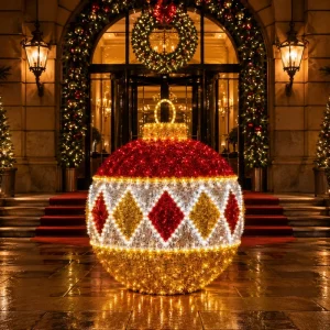 Giant 3D Christmas Ornament Ball Red Gold White Rhombus Pattern LED Motif Light Shopping Mall Entrance Decor CE RoHS IP65