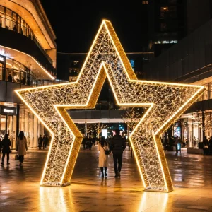 Giant 3D Warm White Mesh Star Shape Photo Spot for Outdoor Shopping Mall Plaza Decor Star Arch Motif Light