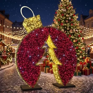 Giant 3D Wire Frame Christmas Bauble Light Red Gold LED Illuminated Ornament Freestanding IP65 Waterproof Outdoor Light 8000