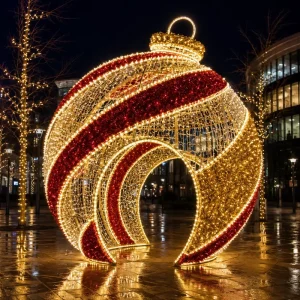 Giant Walk Through Christmas Ball Arch Gold Red Spiral Swirl LED Motif Light Outdoor Plaza Commercial Street Xmas Decor CE RoHS