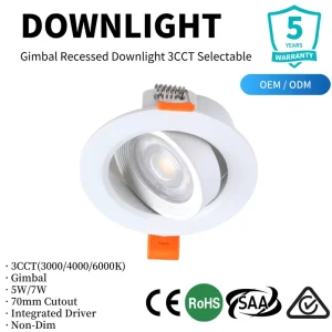 Gimbal LED Downlight 70mm Cutout 5W 7W Adjustable 3CCT Integrated Driver Non-Dim SAA CE AU Plug NZ Connector Box