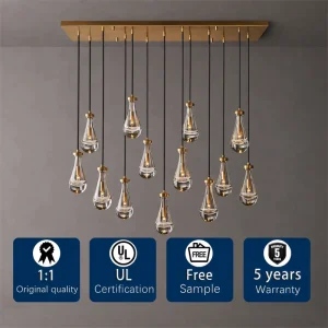 Glass Raindrop Chandelier Rectangular Linear Brass Pendant for Dining Room Long Table Kitchen Island Bespoke Project UL