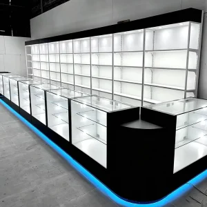 Glossy Black Frame Illuminated Glass Display Cabinet Factory Custom Blue Ambient Light Retail Central Showcase for Boutique