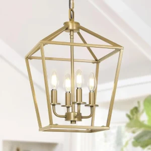 Gold Brass Lantern Chandelier with Rustic Metal Cage Farmhouse Industrial Chandelier for Kitchen Island Dining Room Entryway