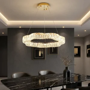 Gold Luxury Crystal Rings Pendant Light Living Room Round Hanging Lamp Indoor Modern Minimalist Led High Ceiling Chandelier