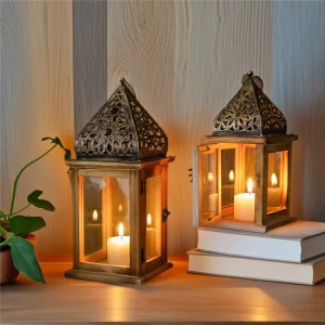 Gold Metal Ramadan Lantern Vintage Candle Holder Stand Large Clear Glass Wooden Lantern