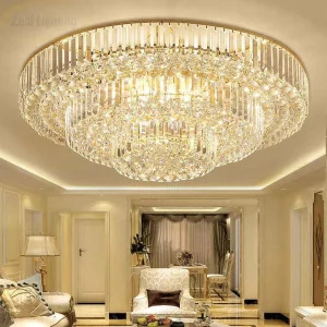 Gold Modern K9 Crystal Surface Mounted Round Chandeliers Luxury Stainless Steel Ceiling Lamp for Living Room