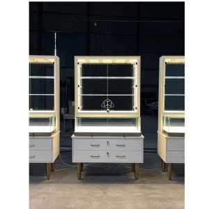 Gold Plated Jewelry Counter Display Wall Mounted Glass Jewellery Showcase Jewelry Shop Design