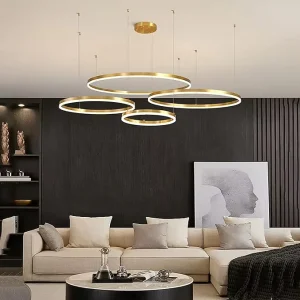 Gold Ring Chandelier LED Circle Geometric Pendant Light Dimmable AC Home Office Use High Brightness Middle Size Energy Saving