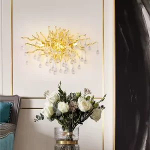Gold Water Drop Crystal Branch Indoor Chandelier Elegant Decorative Wall Light for Bedroom Living Room Dining Room Study