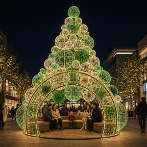 Green White Frame Ball Semi-Arch Built-In Seating LED Sphere Tree Motif Light for Pedestrian Street Holiday Xmas Decor CE UL