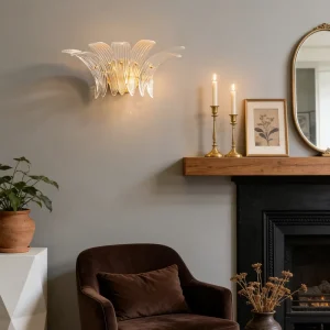 Hand Blown Clear Glass Flower Shaped Wall Sconce with Gold Accent for Living Room Bedroom Hotel Wall Light