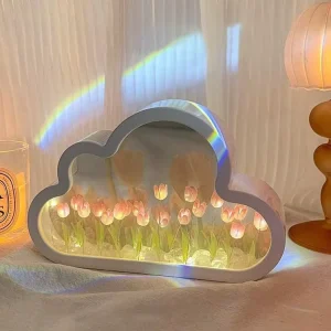 Handmade DIY Tulip Cloud Flower Lamp LED Mirror Night Light for Bedroom Girls Gift