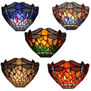 Handmade Dragonfly Half Glass LED Wall Lamp European Style Multicolored Shade Living Room Bedroom Antique