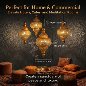 Handmade Square Moroccan Iron Adjustable Height Pendant Light Antique Brass Hollow Chandelier Arabian Style Hanging Lamp for