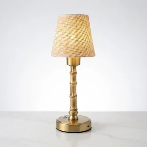 Handwoven Rattan Lampshade Battery Operated Cordless Rechargeable LED Wedding Table Lamp with Bamboo Gold Base