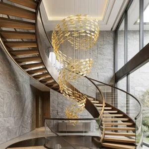 Hanging Luxury Hotel Lobby Banquet Hall Staircase Decor Chandelier Spiral Glass Leaf Indoor Pendant Light