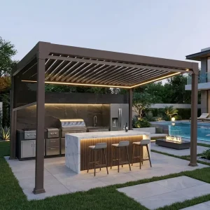 Heavy Duty Outdoor Pergola Kits Motorized Aluminum Gazebo with UV Resistant Powder Coated Finish for High Wind Areas